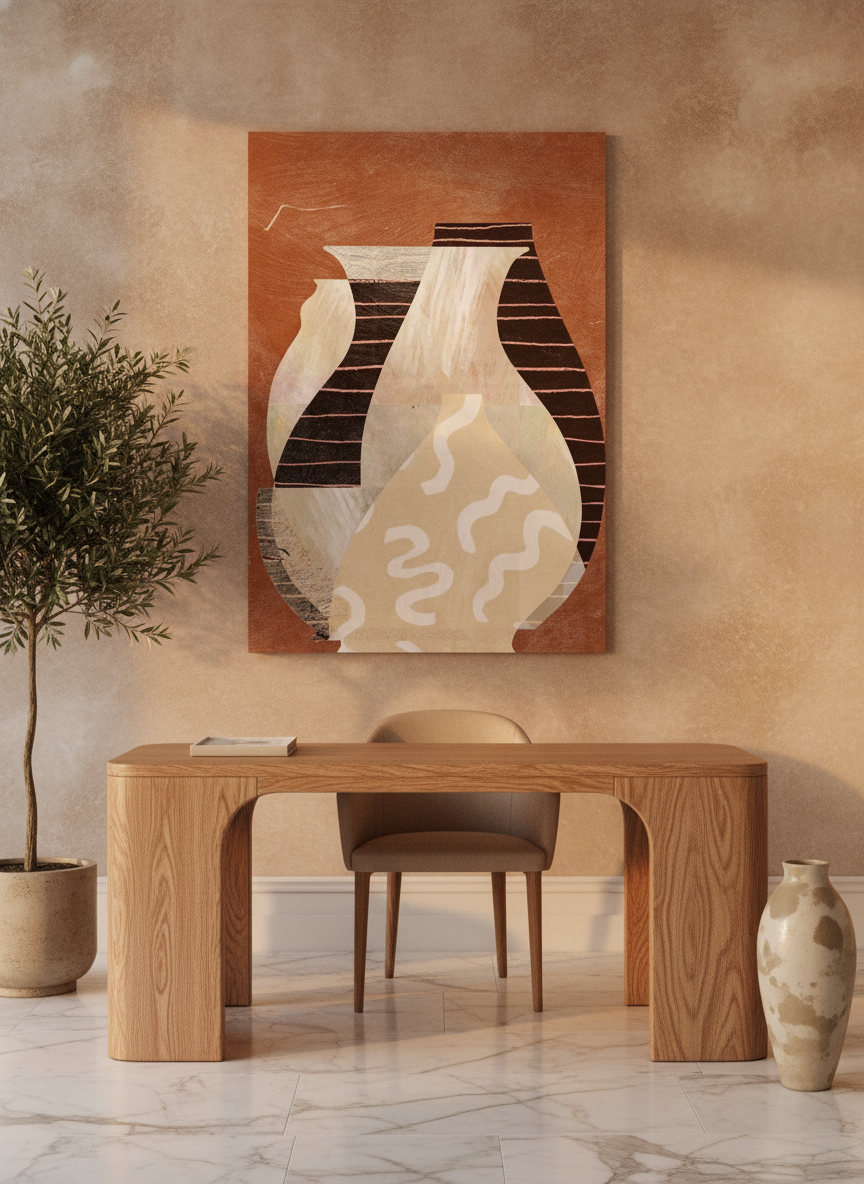 Stretched canvas wall art styled on the wall in a luxe home office