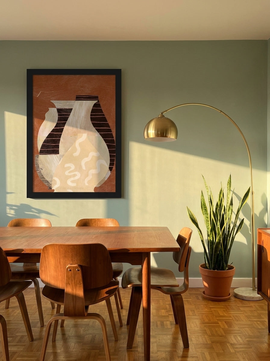 Oversized statement modern wall art print styled on the wall in a mid-century dining room