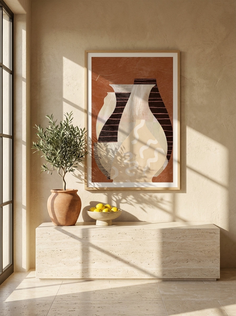 Modern wall art print styled on the wall in a Mediterranean living room