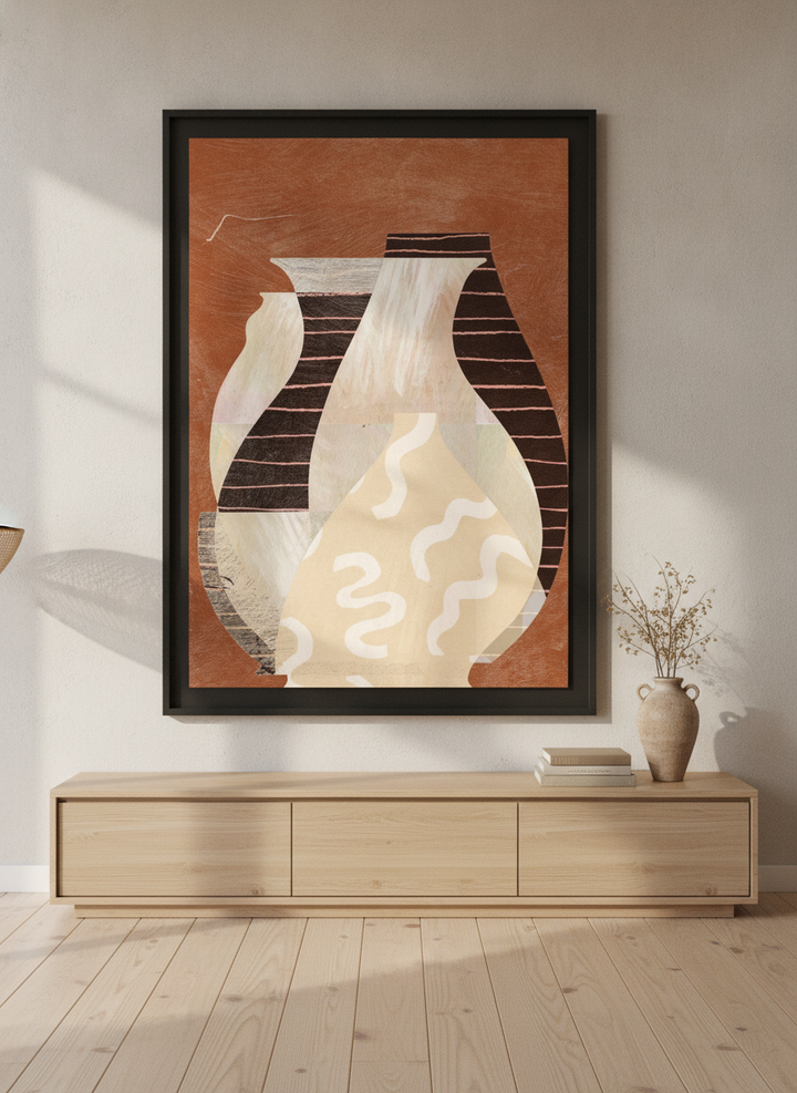 Oversized statement modern wall art print styled on the wall in a warm Japandi living room