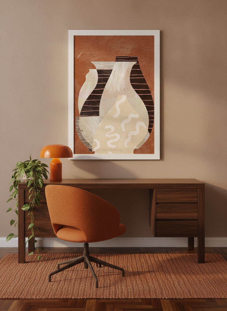 Modern wall art print styled on the wall in a retro 70s home office