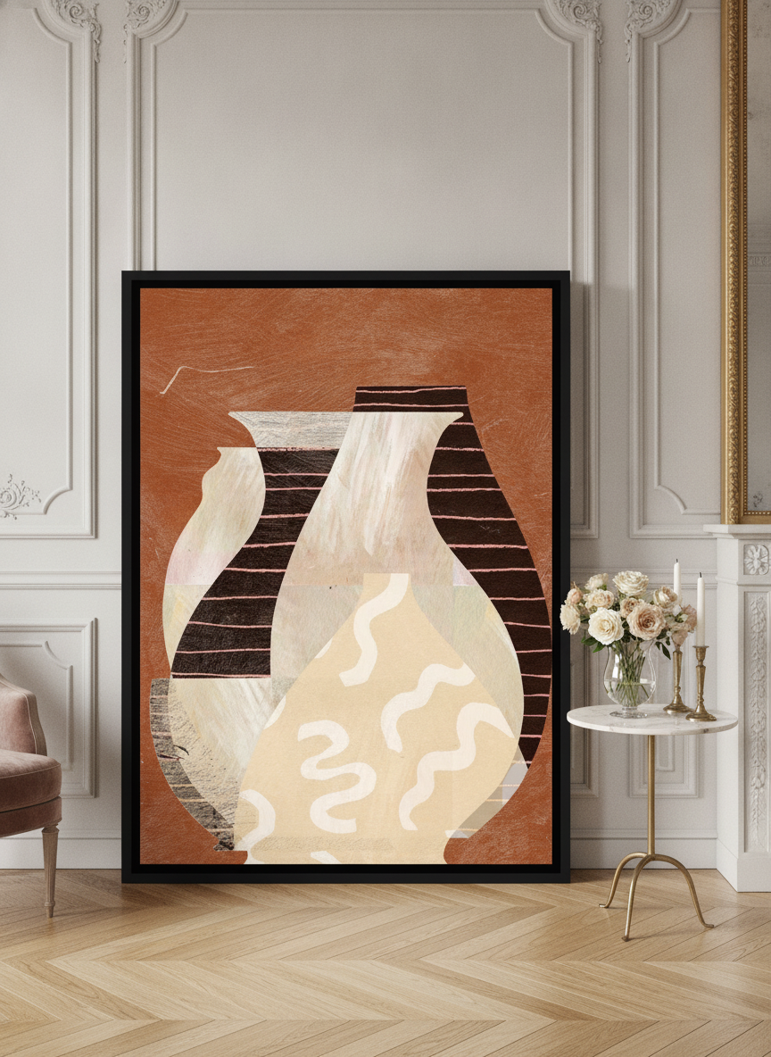 Oversized statement canvas wall art with a black surround leaning against the wall in a Parisian living room