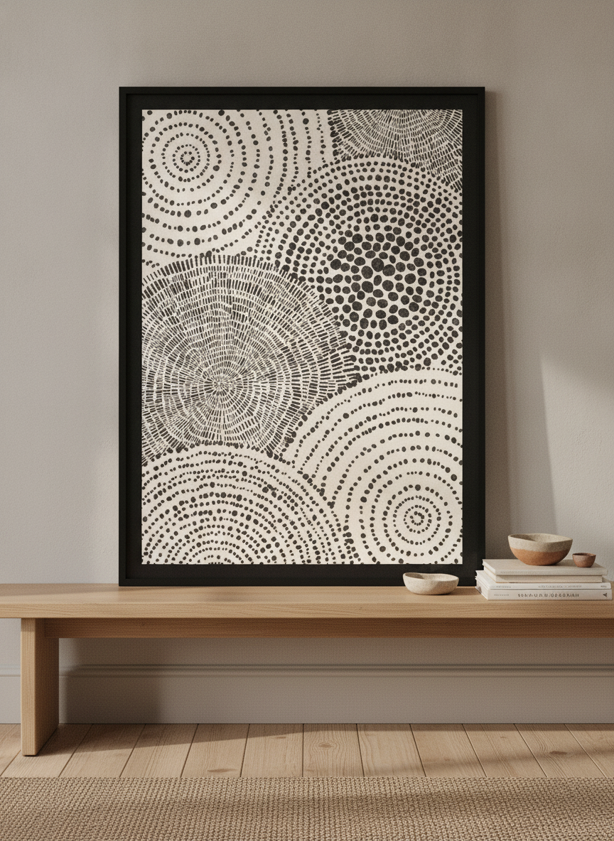 Modern wall art print standing on a bench in a warm Japandi home office