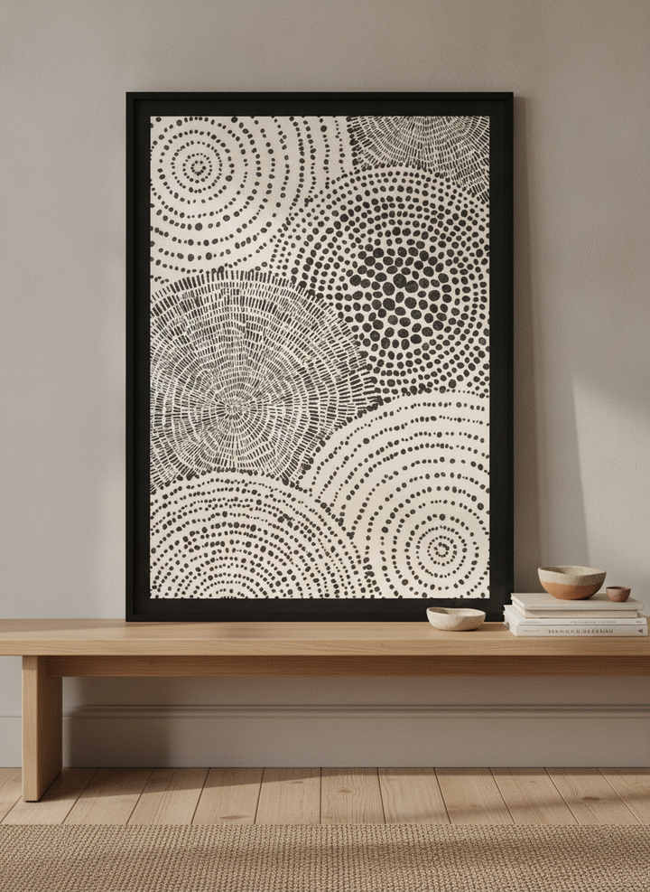 Modern wall art print standing on a bench in a warm Japandi home office