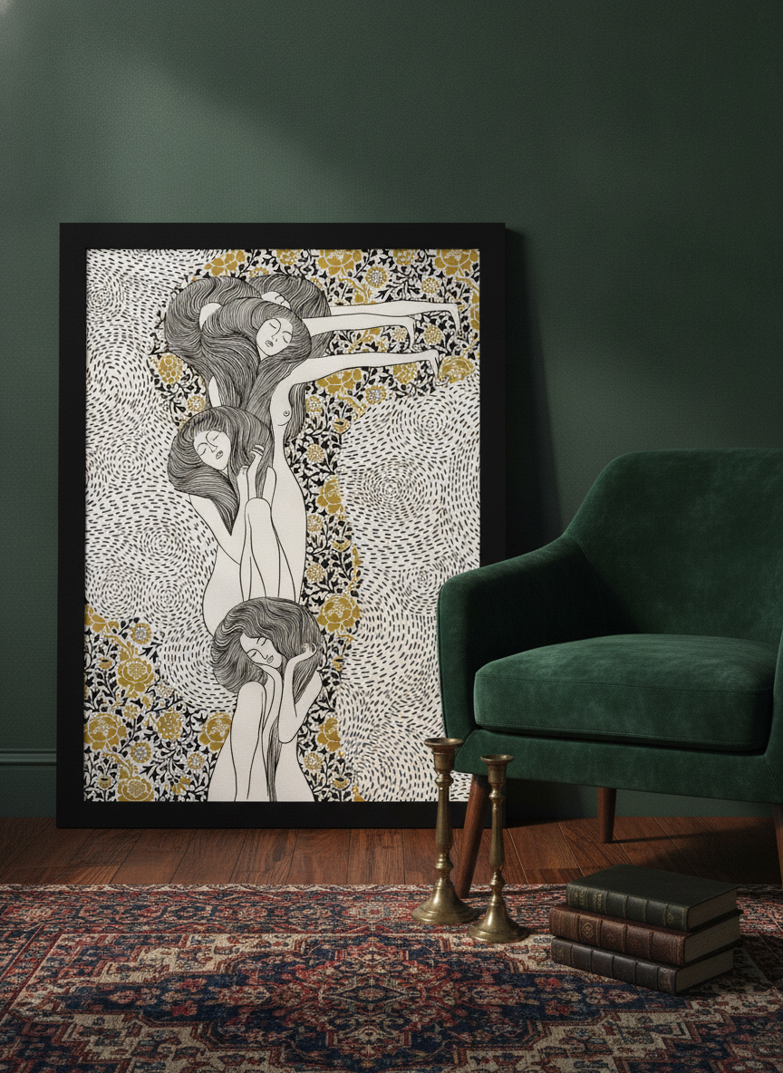 Modern wall art print leaning against the wall in a moody home office