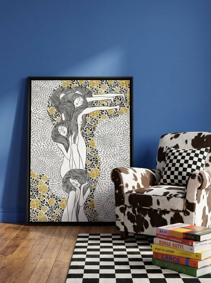 Canvas wall art with a black surround leaning against the wall in a colourful eclectic dining room