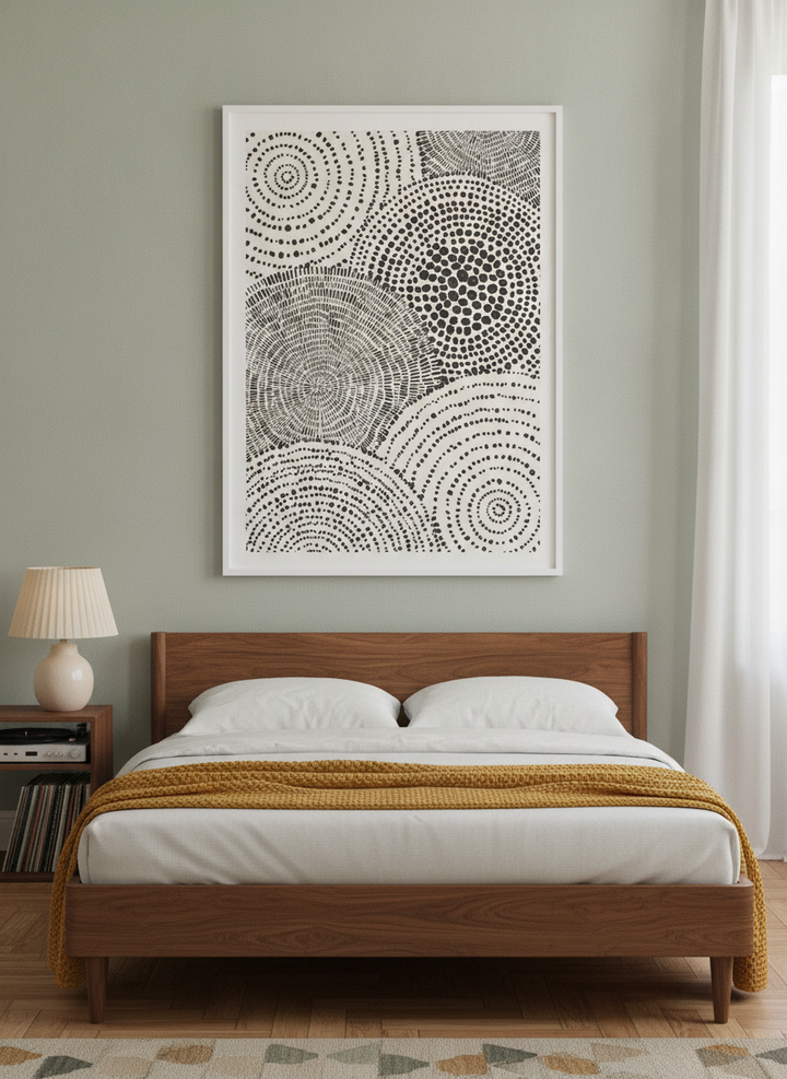 Modern wall art print styled on the wall in a mid-century bedroom