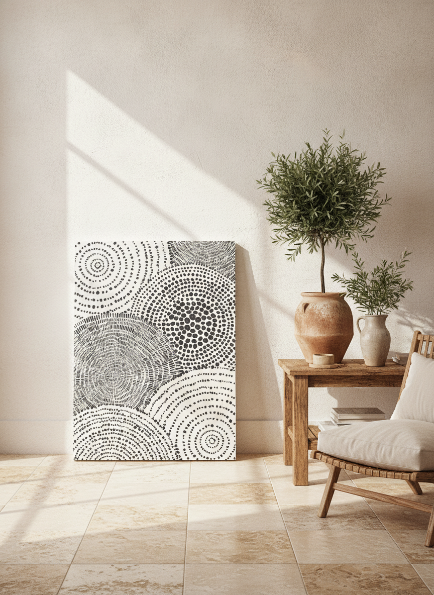 Stretched canvas wall art leaning against the wall in a Mediterranean home office