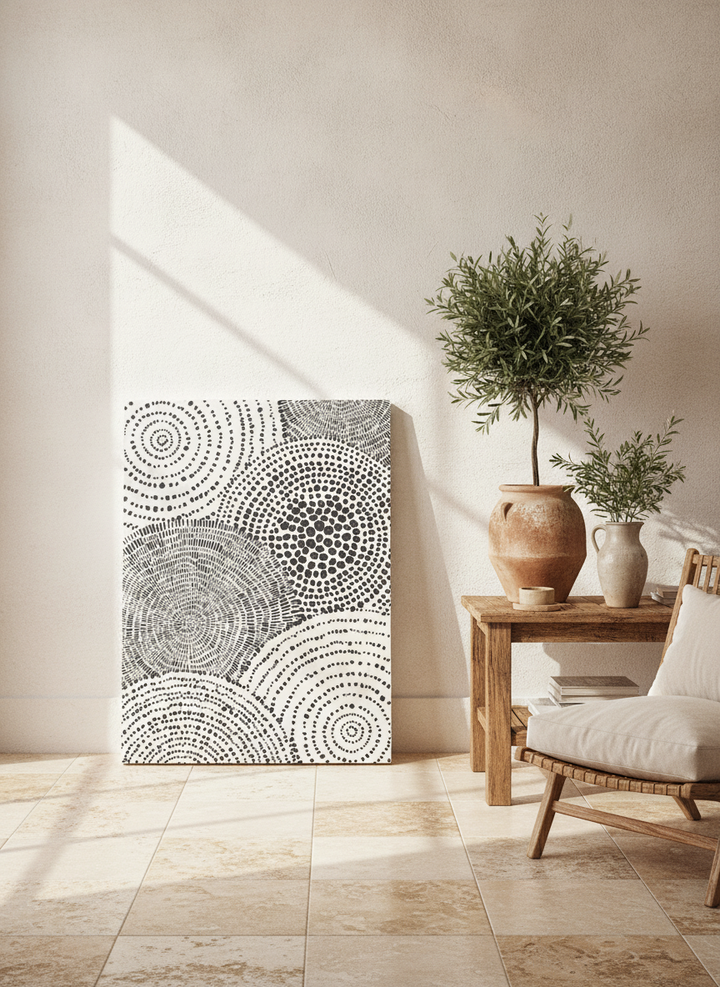 Stretched canvas wall art leaning against the wall in a Mediterranean home office