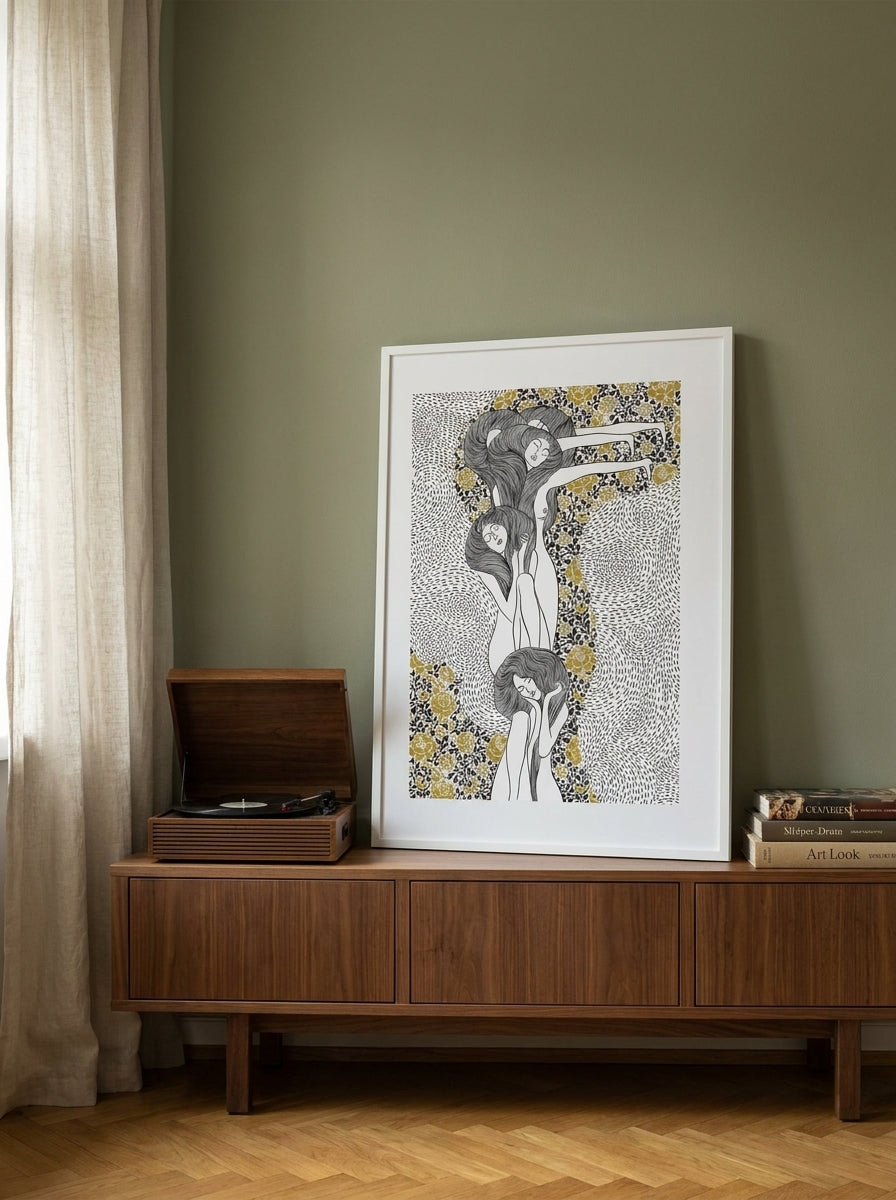 Modern wall art print standing on a sideboard in a mid-century bedroom