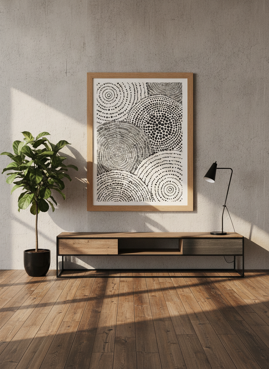 Modern wall art print styled on the wall in an industrial loft living room