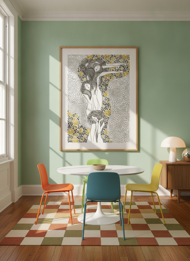 Oversized statement modern wall art print styled on the wall in a colourful eclectic dining room