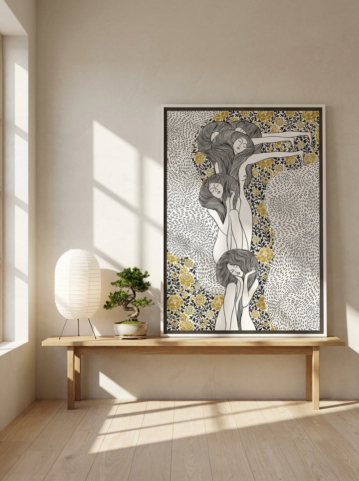 Canvas wall art with a white surround standing on a bench in a warm Japandi home office