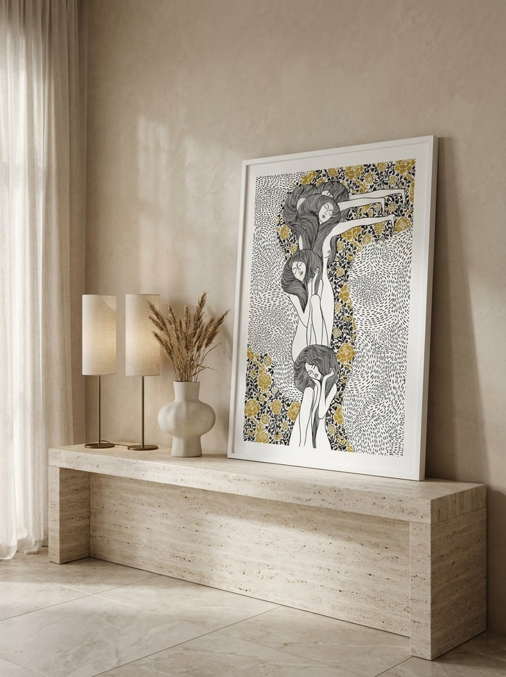 Modern wall art print standing on a console in a luxe dining room