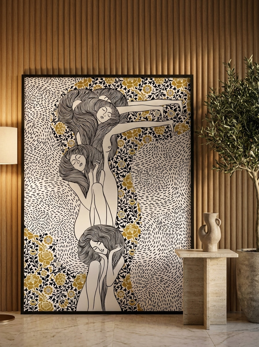 Oversized statement modern wall art print leaning against the wall in a luxe living room