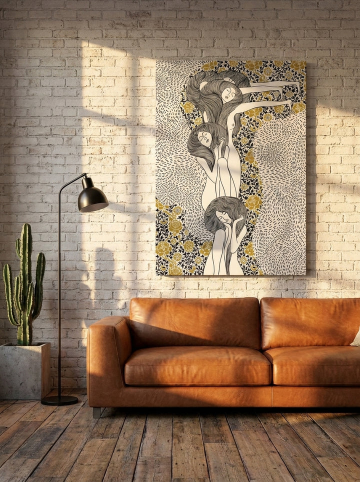 Stretched canvas wall art styled on the wall in an industrial loft living room