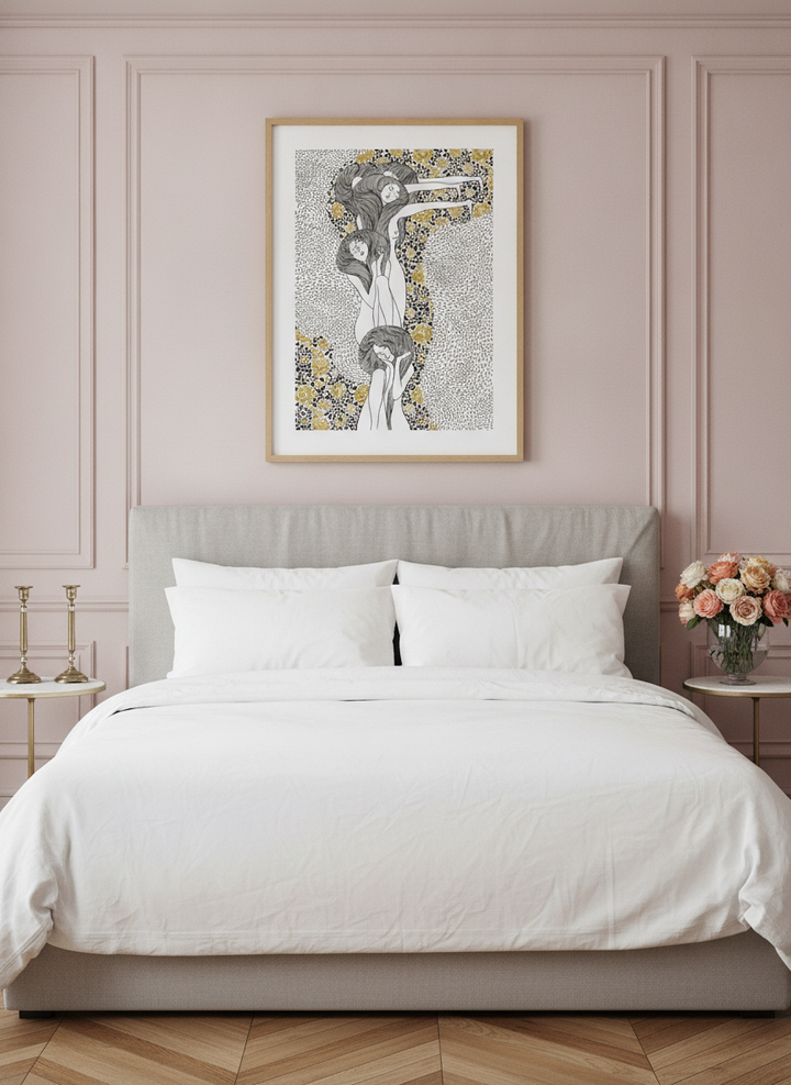 Modern wall art print styled on the wall in a Parisian bedroom