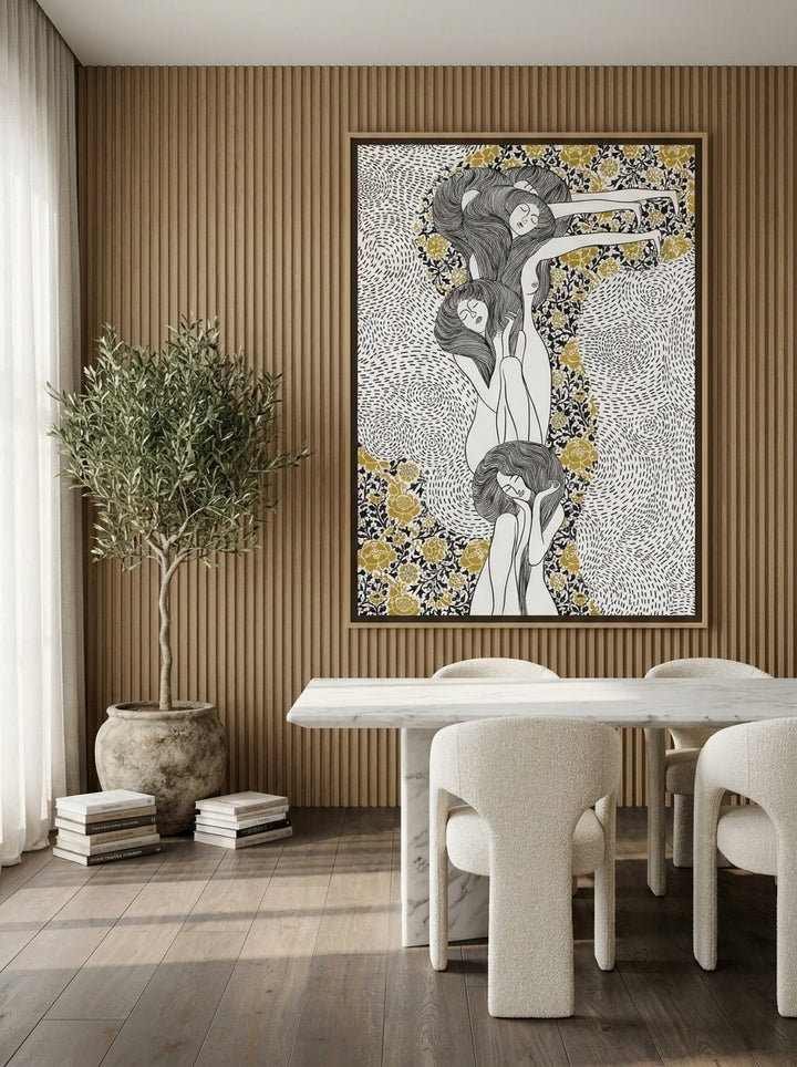 Oversized statement canvas wall art with a natural timber surround styled on the wall in a luxe dining room