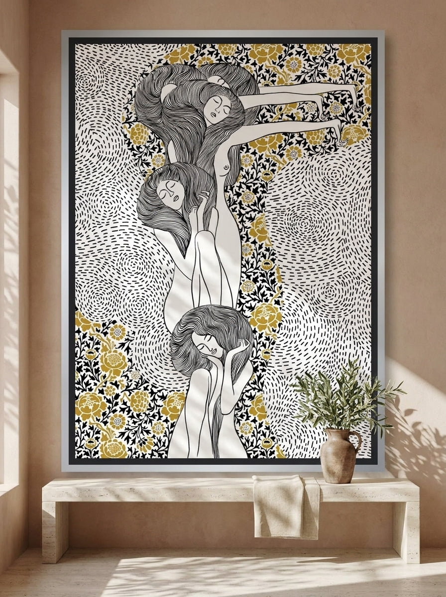 Oversized statement canvas wall art with a silver leaf surround styled on the wall in a Mediterranean living room