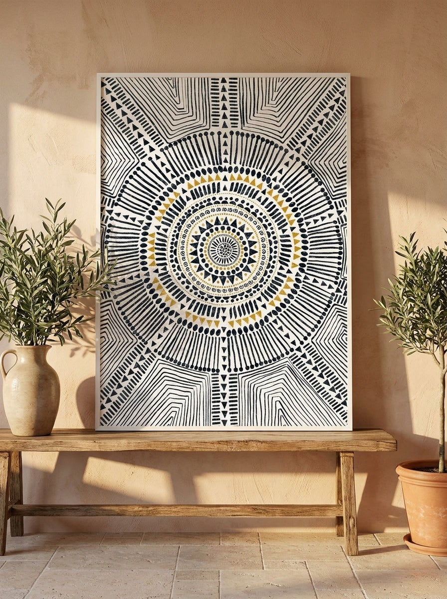 Modern wall art print standing on a bench in a Mediterranean home office