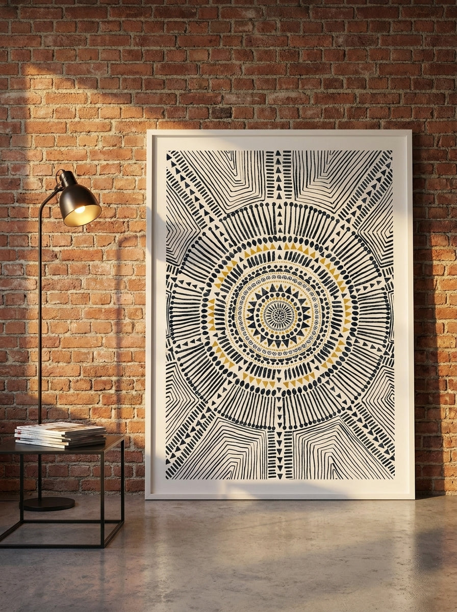 Oversized statement modern wall art print leaning against the wall in an industrial loft living room