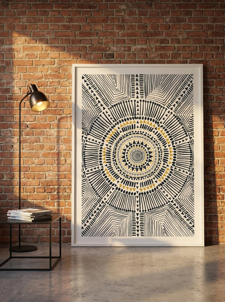 Oversized statement modern wall art print leaning against the wall in an industrial loft living room
