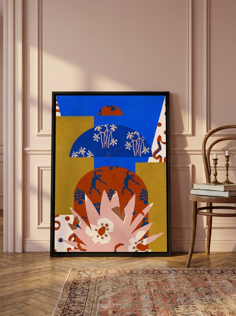 Canvas wall art with a black surround leaning against the wall in a Parisian home office