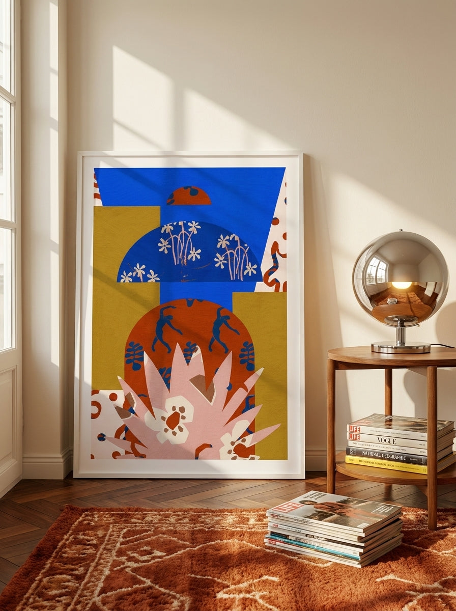 Modern wall art print leaning against the wall in a retro 70s living room