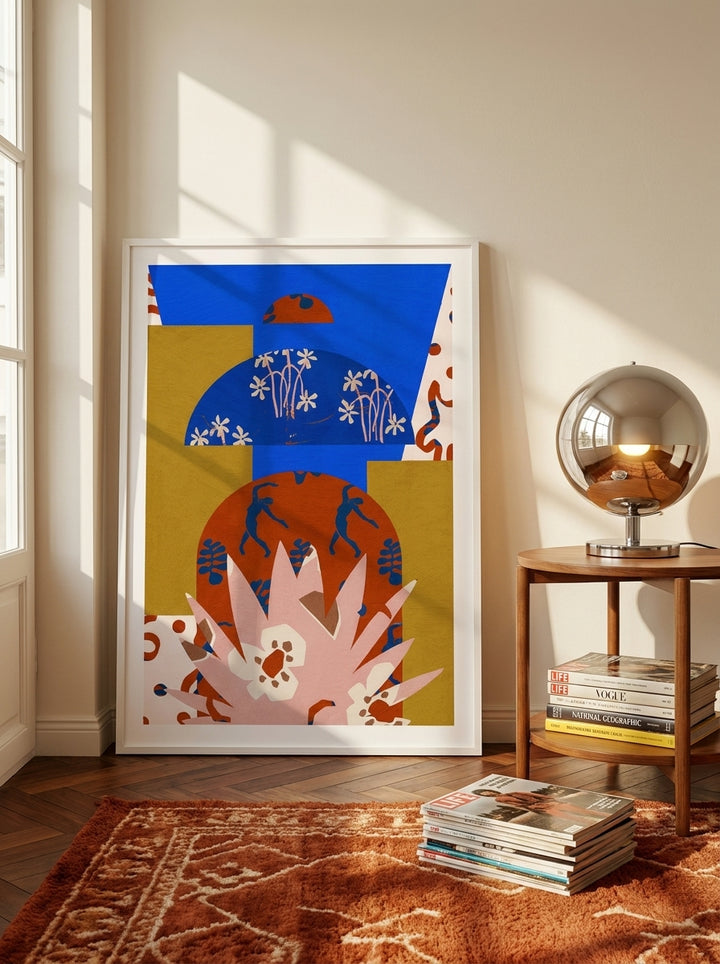 Modern wall art print leaning against the wall in a retro 70s living room