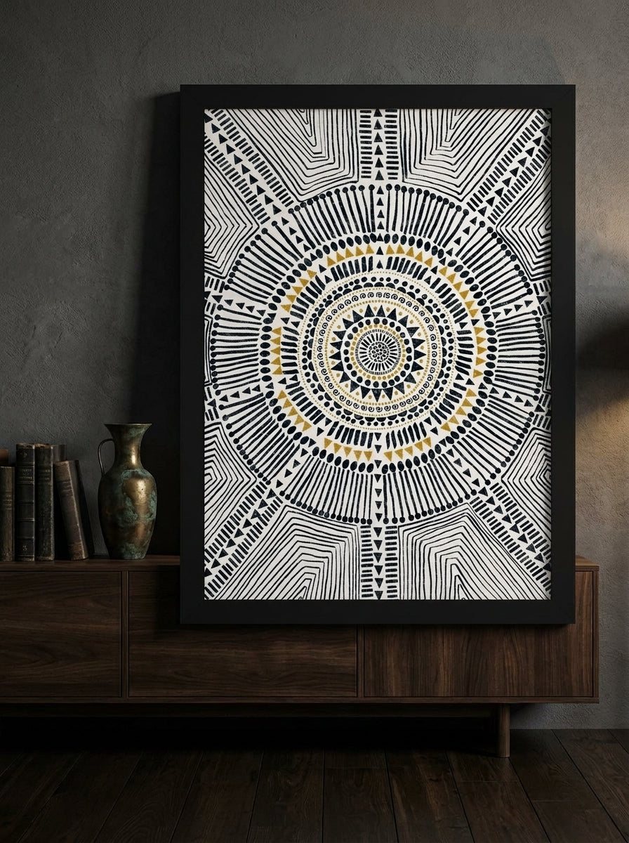 Modern wall art print standing on a sideboard in a moody bedroom