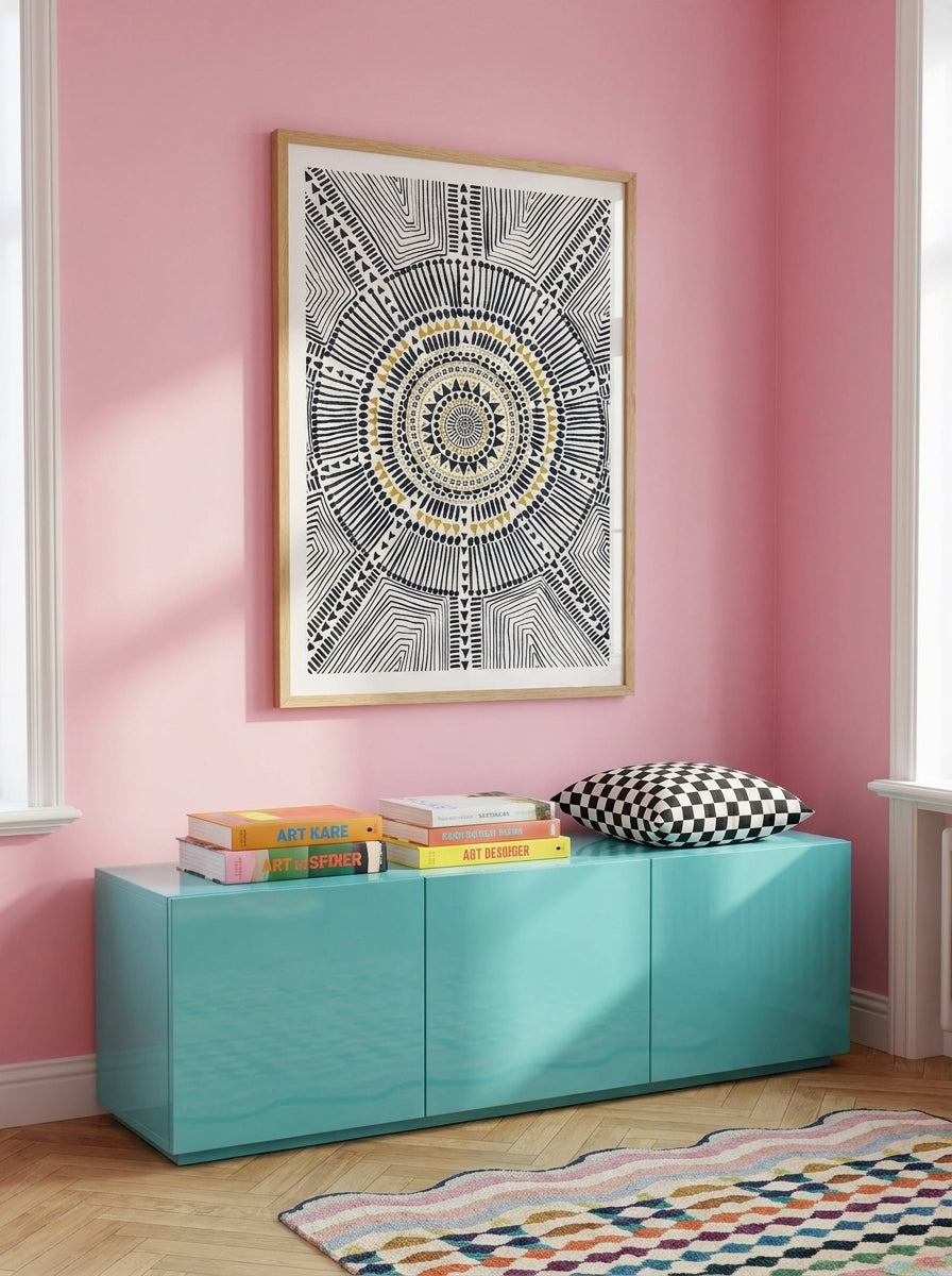 Modern wall art print styled on the wall in a colourful eclectic living room