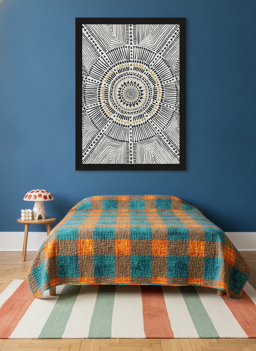Modern wall art print styled on the wall in a colourful eclectic bedroom