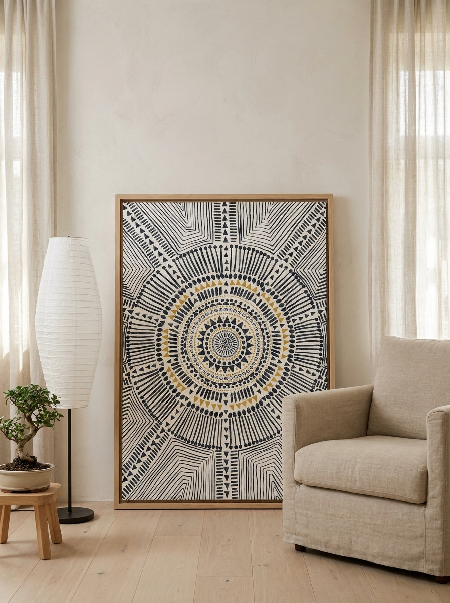 Canvas wall art with a natural timber surround leaning against the wall in a warm Japandi home office