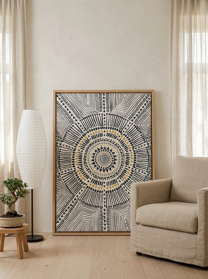 Canvas wall art with a natural timber surround leaning against the wall in a warm Japandi home office