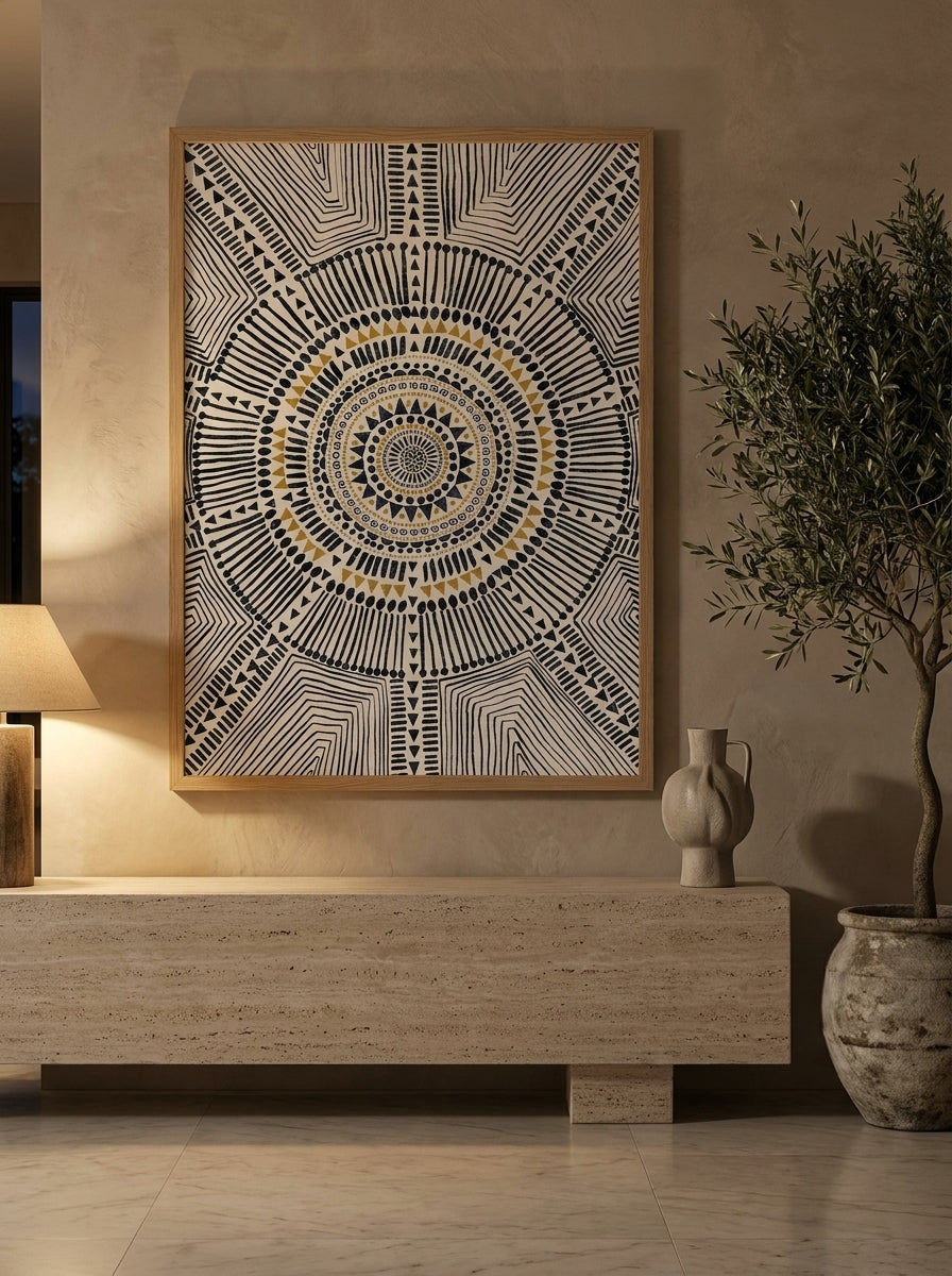 Oversized statement modern wall art print styled on the wall in a luxe living room