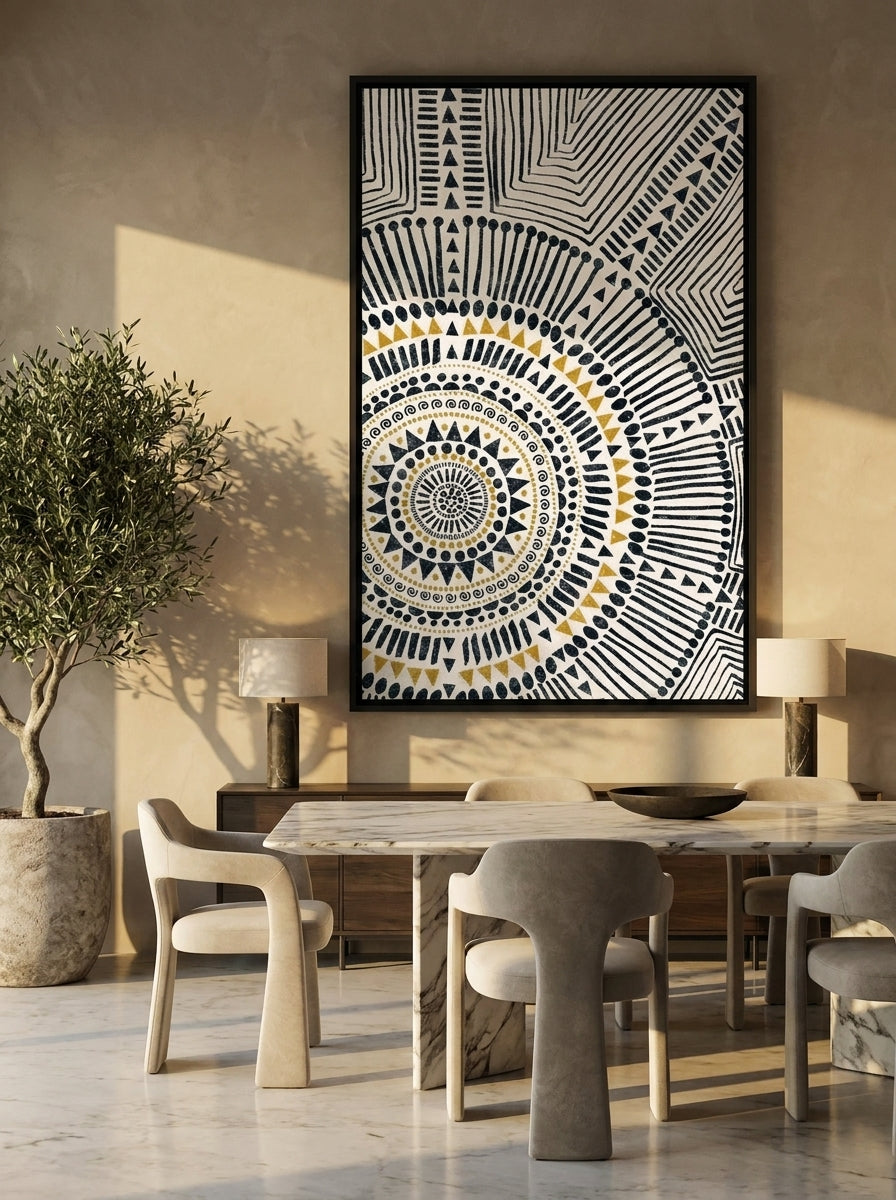 Oversized statement canvas wall art with a black surround styled on the wall in a luxe dining room
