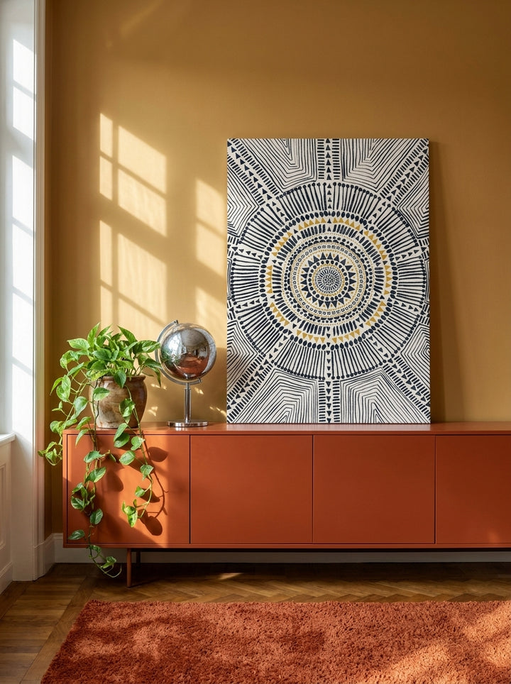 Stretched canvas wall art standing on a sideboard in a retro 70s bedroom