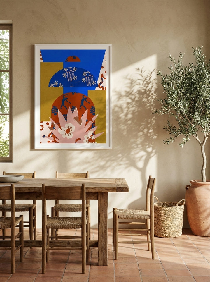 Modern wall art print styled on the wall in a Mediterranean dining room