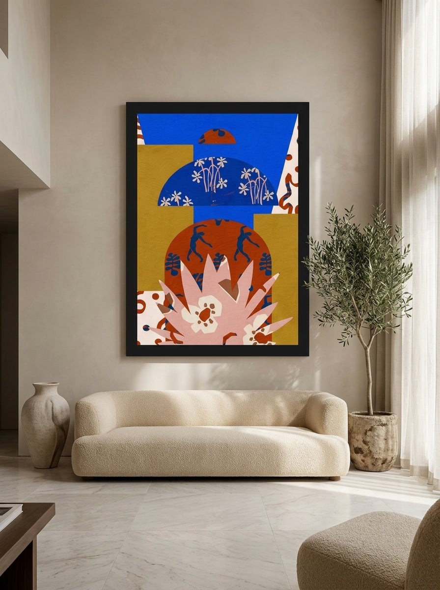 Oversized statement modern wall art print styled on the wall in a luxe living room