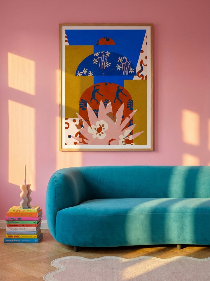Modern wall art print styled on the wall in a colourful eclectic living room