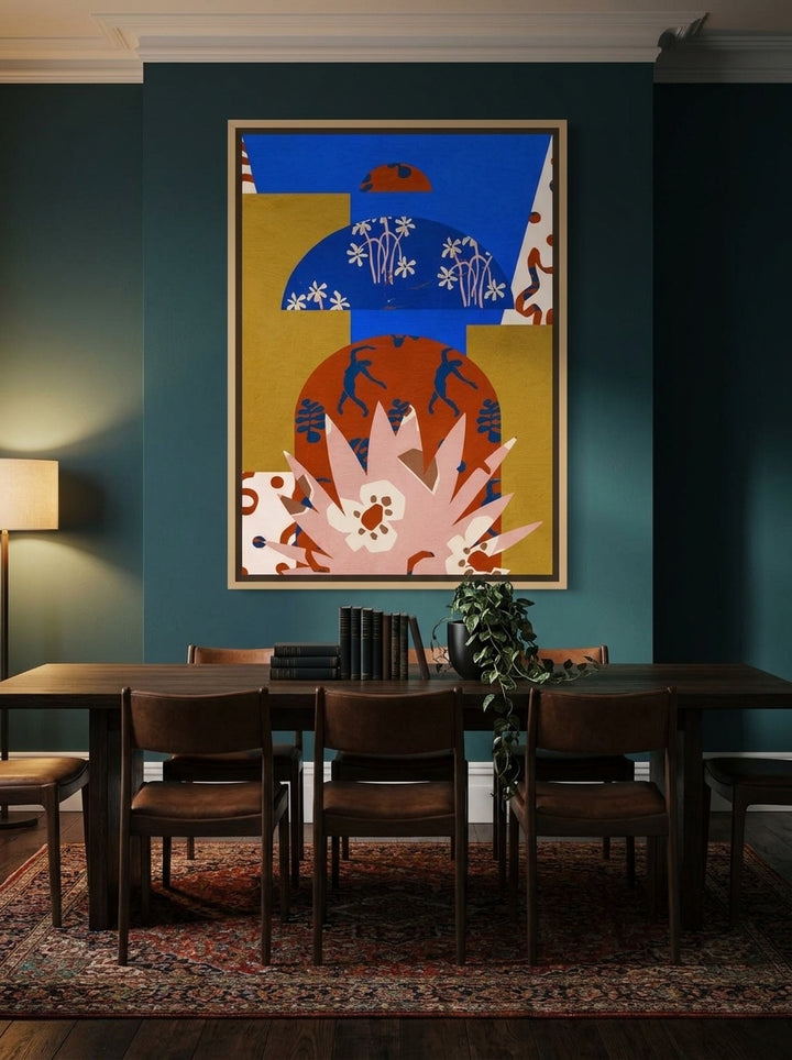 Oversized statement canvas wall art with a natural timber surround styled on the wall in a moody dining room