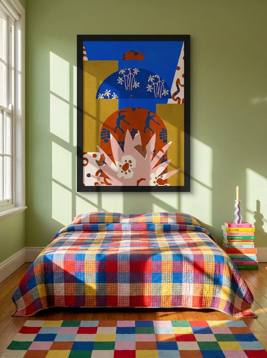 Oversized statement modern wall art print styled on the wall in a colourful eclectic bedroom