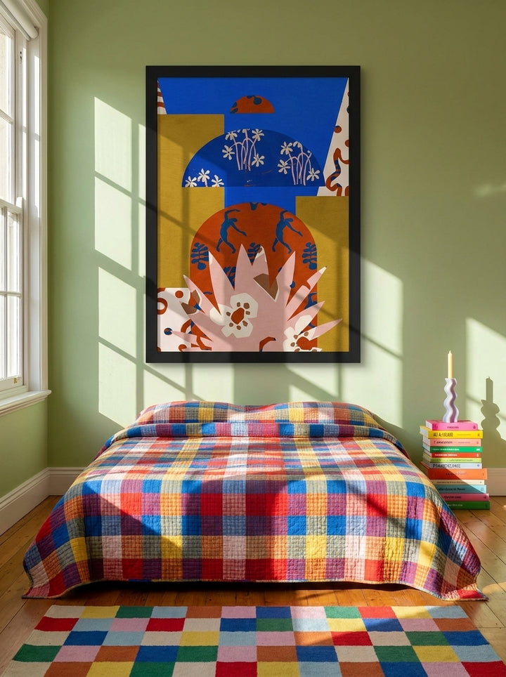 Oversized statement modern wall art print styled on the wall in a colourful eclectic bedroom