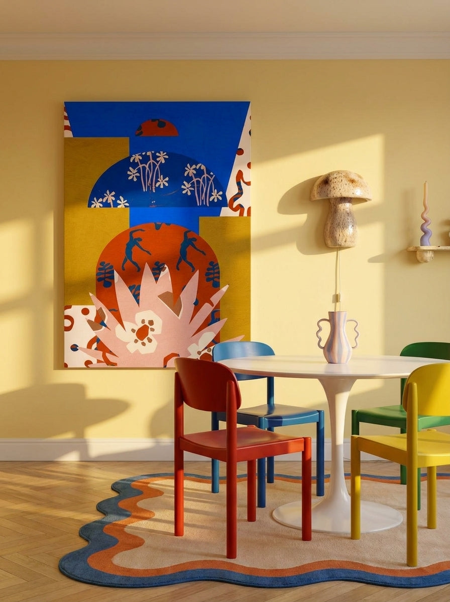 Stretched canvas wall art styled on the wall in a colourful eclectic dining room