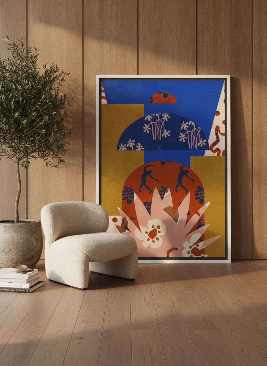 Oversized statement canvas wall art with a white surround leaning against the wall in a luxe bedroom