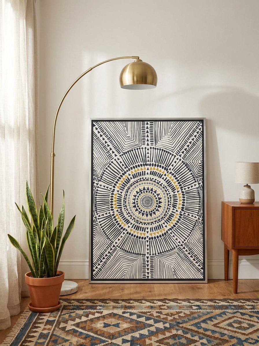Canvas wall art with a silver leaf surround leaning against the wall in a mid-century bedroom