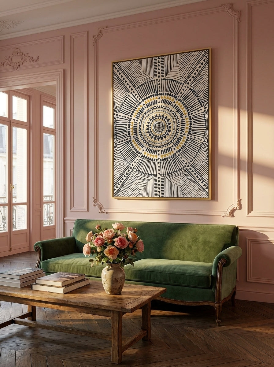Oversized statement canvas wall art with a gold leaf surround styled on the wall in a Parisian living room