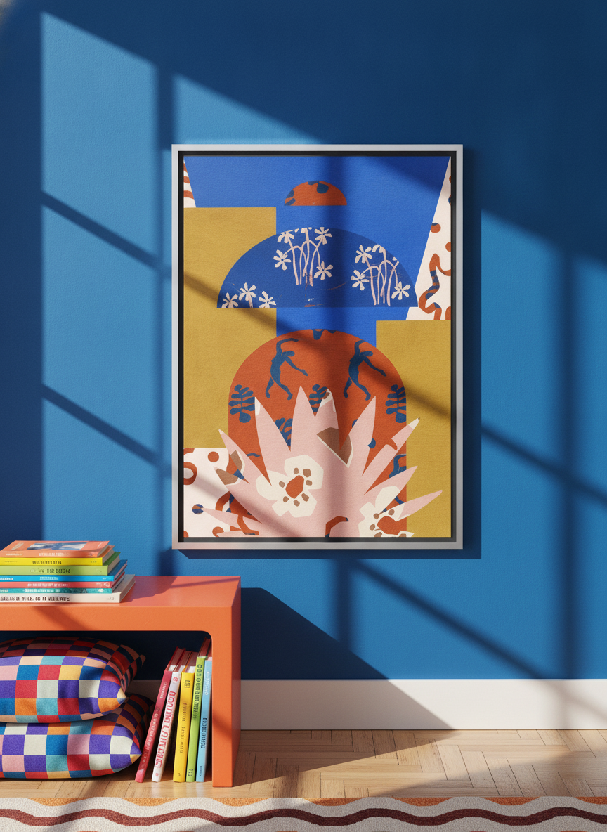 Canvas wall art with a silver leaf surround standing on a side table in a colourful eclectic living room