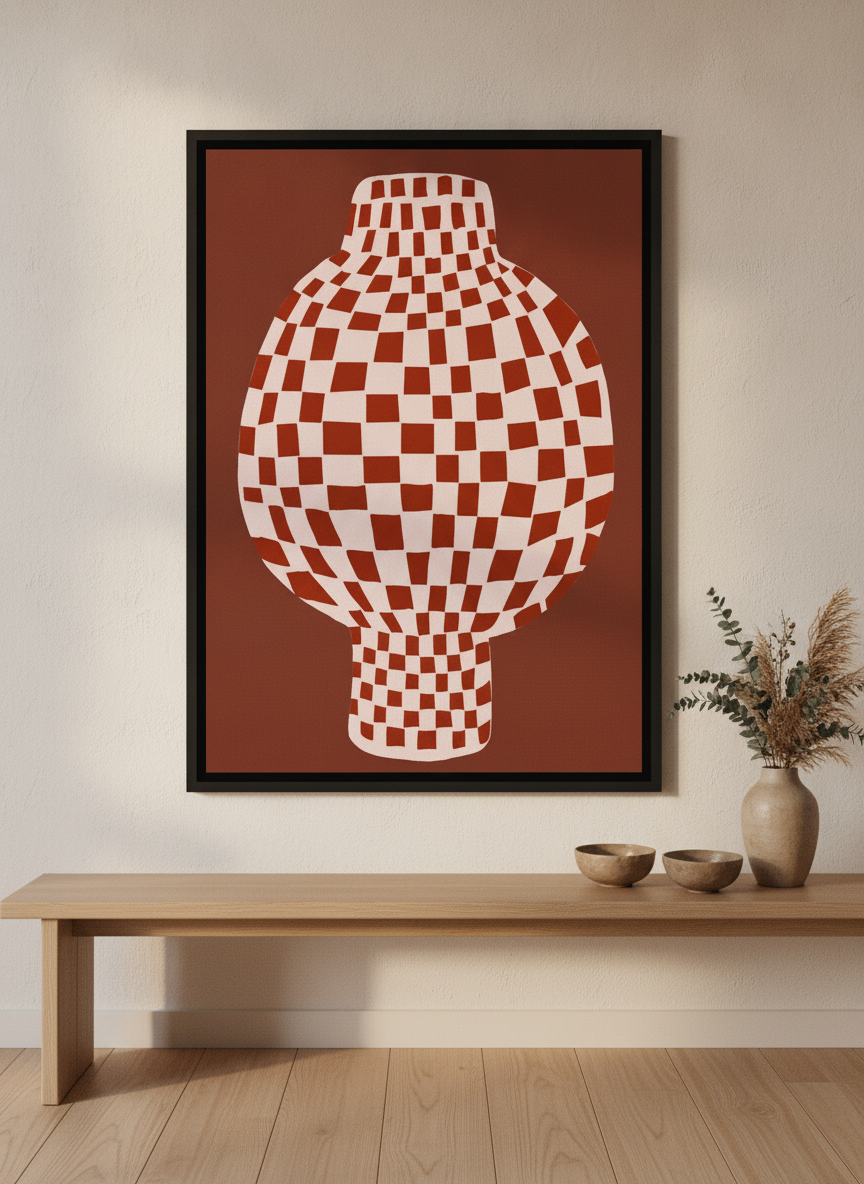 Canvas wall art with a black surround standing on a bench in a warm Japandi living room