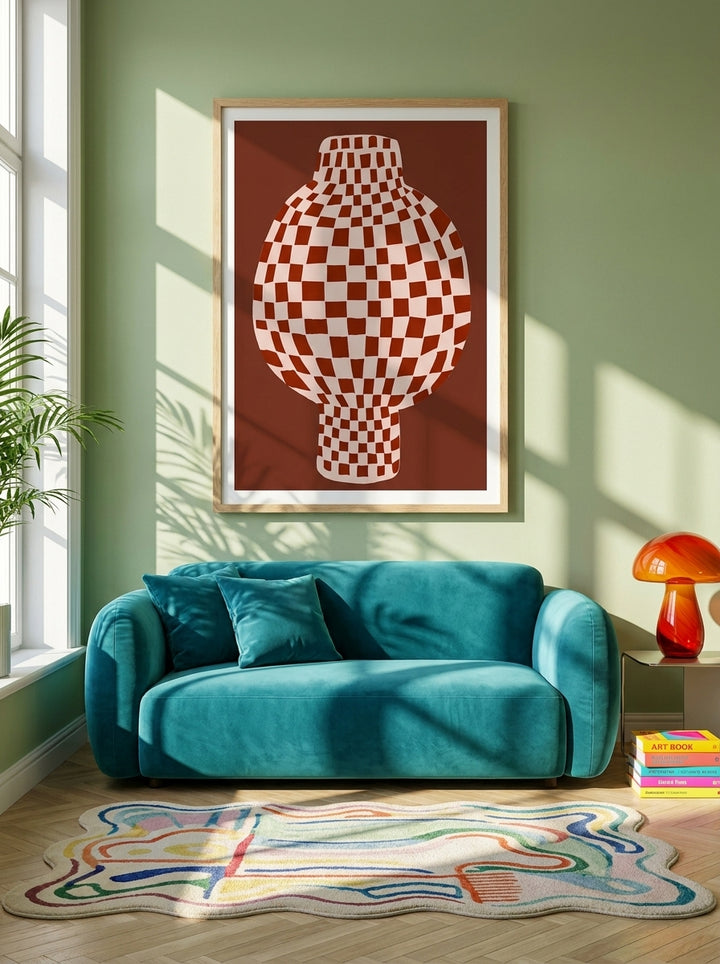 Modern wall art print styled on the wall in a colourful eclectic living room